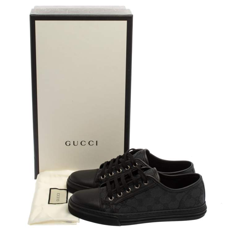 Pre Owned Gucci Grey/Black GG Canvas And Leather Low Top Lace Up Sneakers Size 39.5