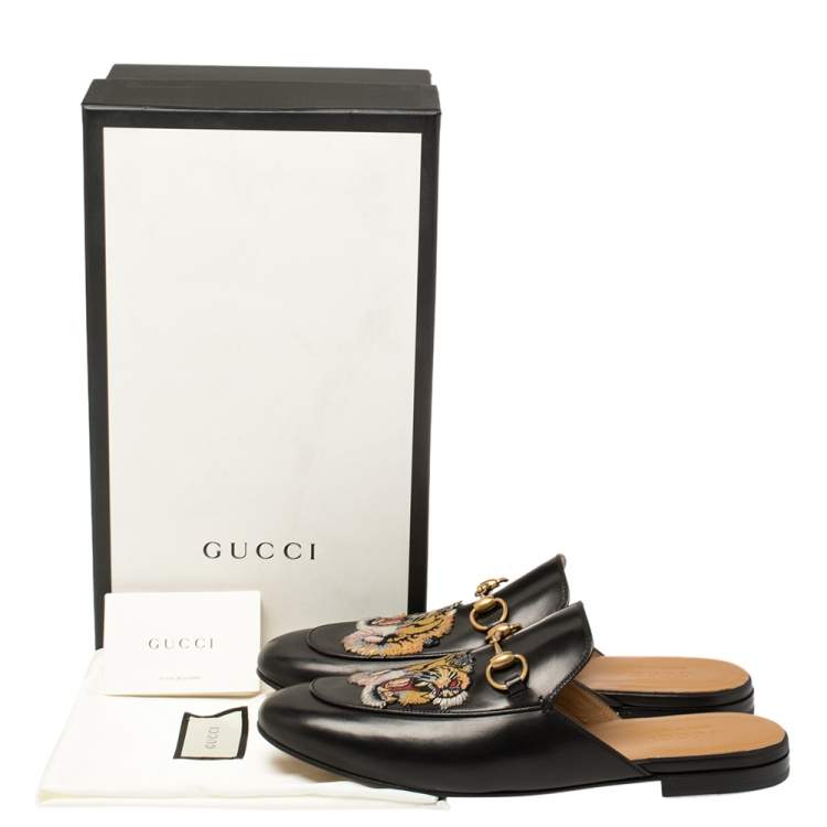 Pre Owned Gucci Black Tiger Embroidered Leather Princetown Horsebit Mules Size 43.5