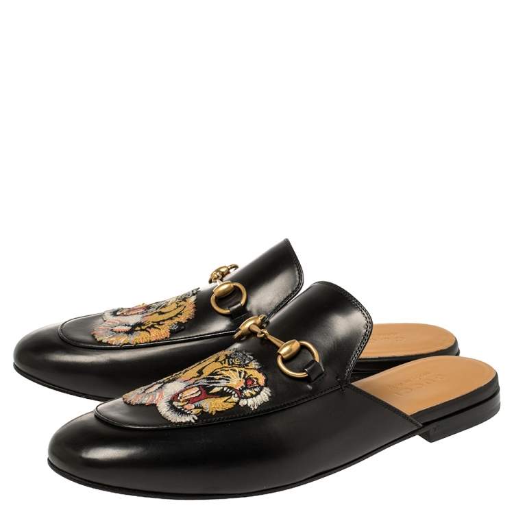 Pre Owned Gucci Black Tiger Embroidered Leather Princetown Horsebit Mules Size 43.5