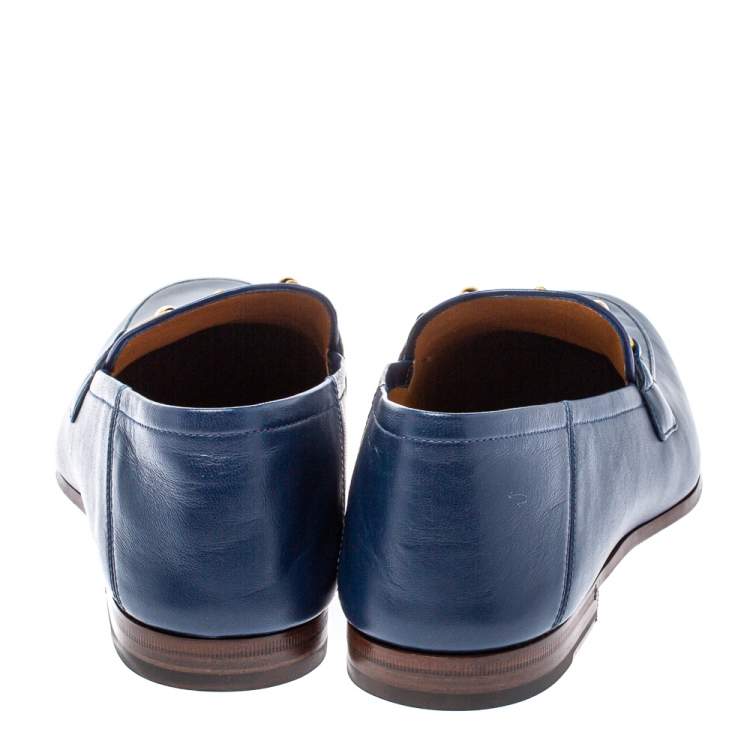 Pre Owned Gucci Blue Leather Web Horsebit Slip On Moccasins Size 44.5