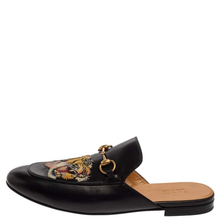 Pre Owned Gucci Black Tiger Embroidered Leather Princetown Horsebit Mules Size 45