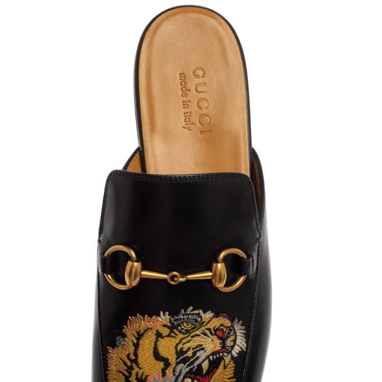 Pre Owned Gucci Black Tiger Embroidered Leather Princetown Horsebit Mules Size 45