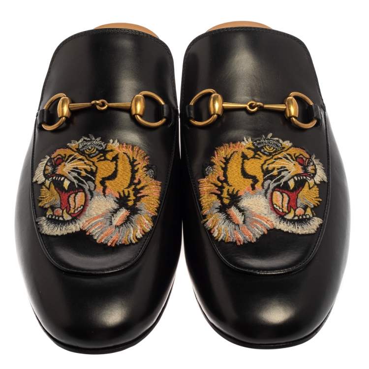 Pre Owned Gucci Black Tiger Embroidered Leather Princetown Horsebit Mules Size 45
