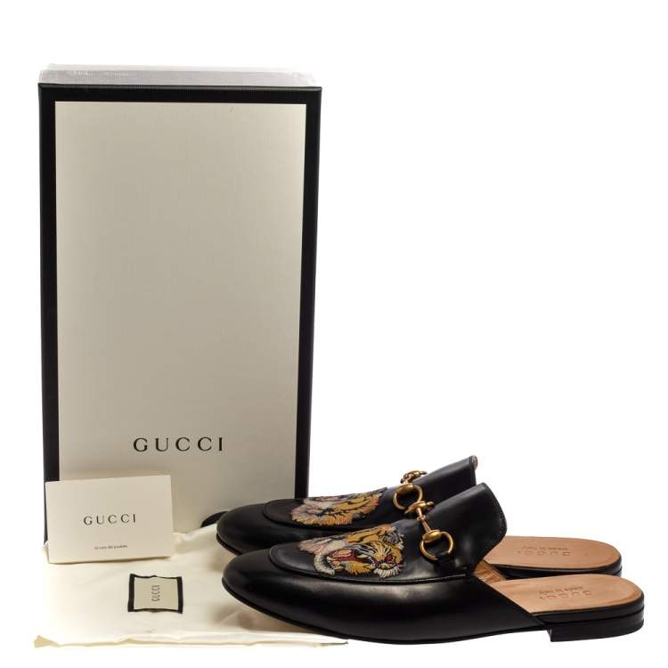 Pre Owned Gucci Black Tiger Embroidered Leather Princetown Horsebit Mules Size 45
