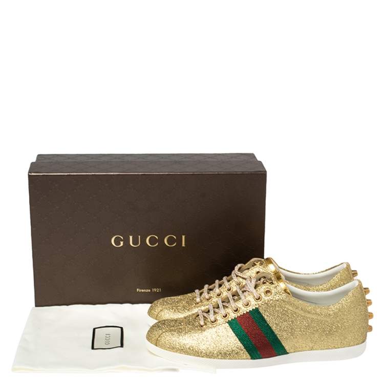 Pre Owned Gucci Gold Glitter Leather Bambi Sneaker Size 40
