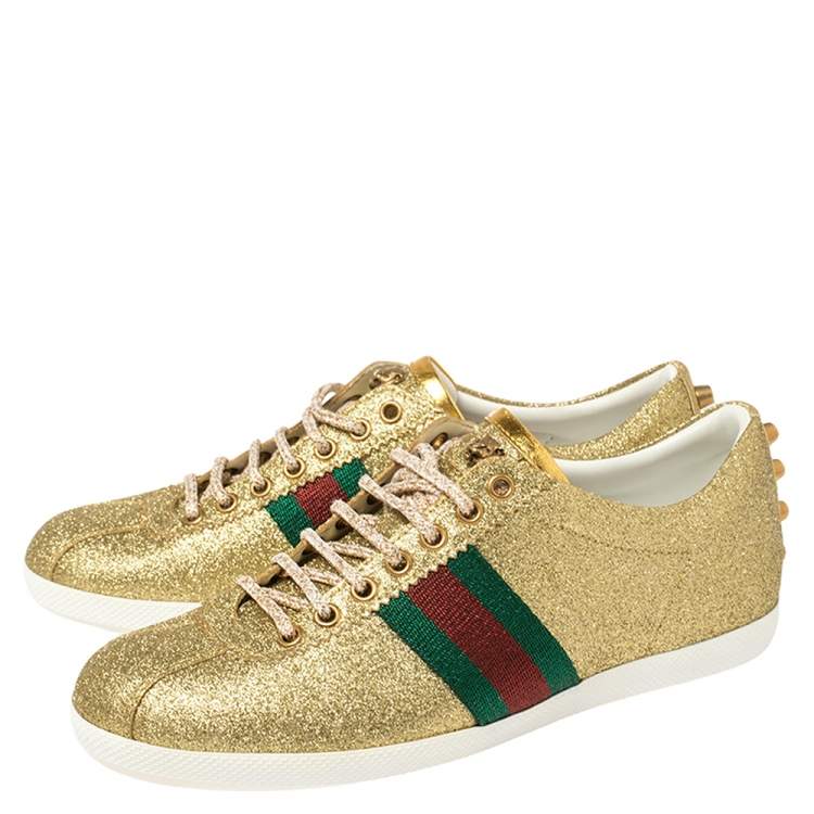 Pre Owned Gucci Gold Glitter Leather Bambi Sneaker Size 40