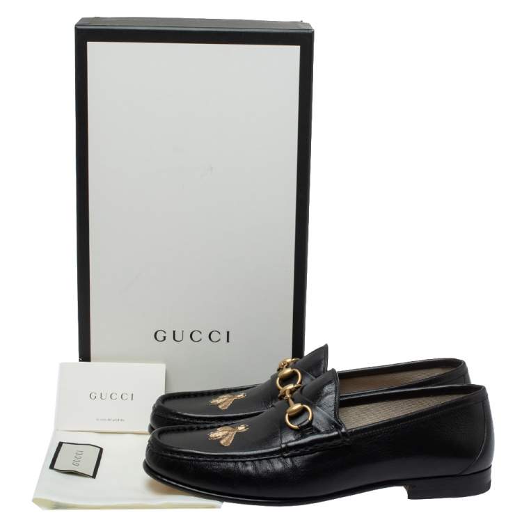 Pre Owned Gucci Black Leather Bee Embroidered Horsebit Slip On Loafers Size 43.5