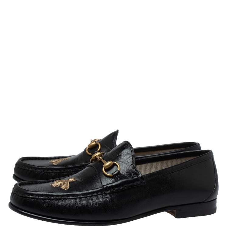 Pre Owned Gucci Black Leather Bee Embroidered Horsebit Slip On Loafers Size 43.5
