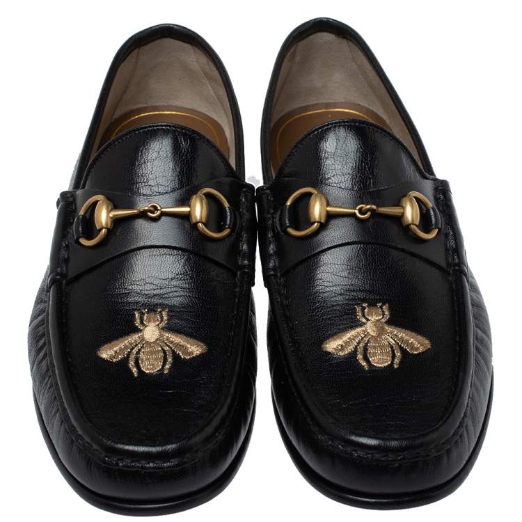 Pre Owned Gucci Black Leather Bee Embroidered Horsebit Slip On Loafers Size 43.5