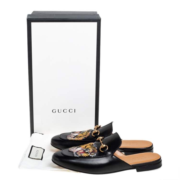 Pre Owned Gucci Black Tiger Embroidered Leather Horsebit Princetown Mules Size 42
