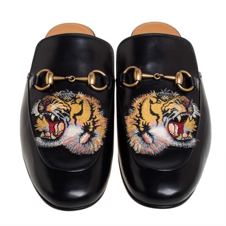 Pre Owned Gucci Black Tiger Embroidered Leather Horsebit Princetown Mules Size 42