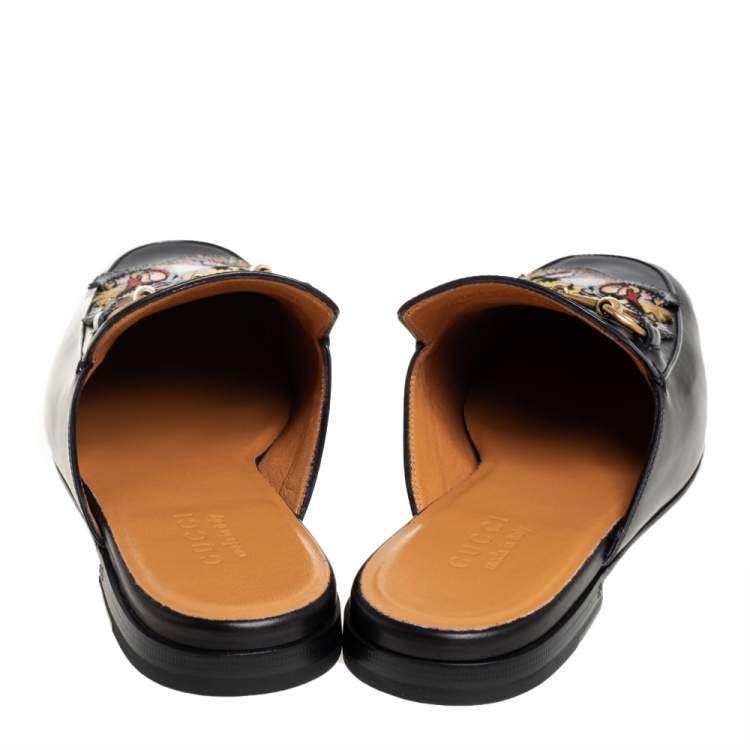 Pre Owned Gucci Black Tiger Embroidered Leather Horsebit Princetown Mules Size 42