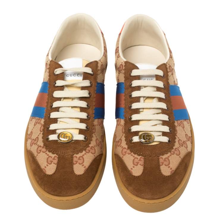 Pre Owned Gucci Beige/Brown GG Canvas And Leather JBG Web Lace Up Sneakers Size 45
