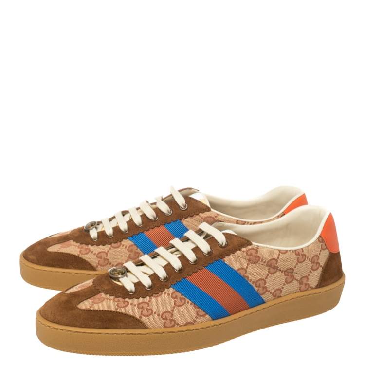 Pre Owned Gucci Beige/Brown GG Canvas And Leather JBG Web Lace Up Sneakers Size 45