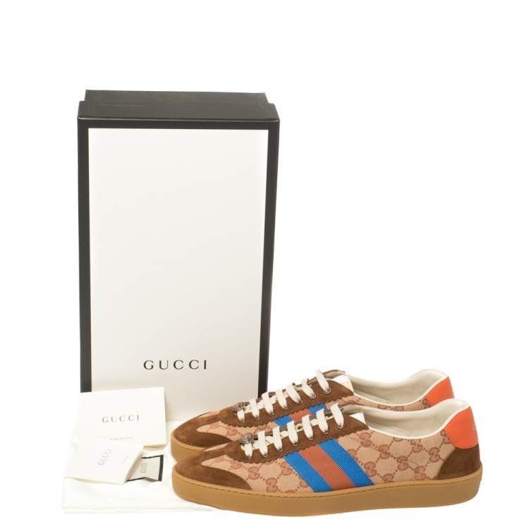 Pre Owned Gucci Beige/Brown GG Canvas And Leather JBG Web Lace Up Sneakers Size 45