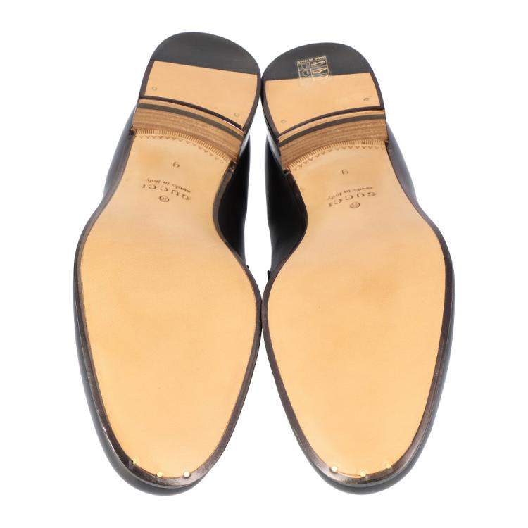 Pre Owned Gucci Black Leather Web Interlocking G Slip On Loafers Size UK 10 EU 44