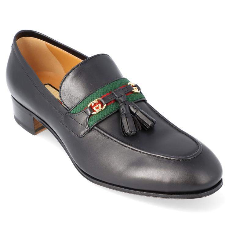 Pre Owned Gucci Black Leather Web Interlocking G Slip On Loafers Size UK 10 EU 44