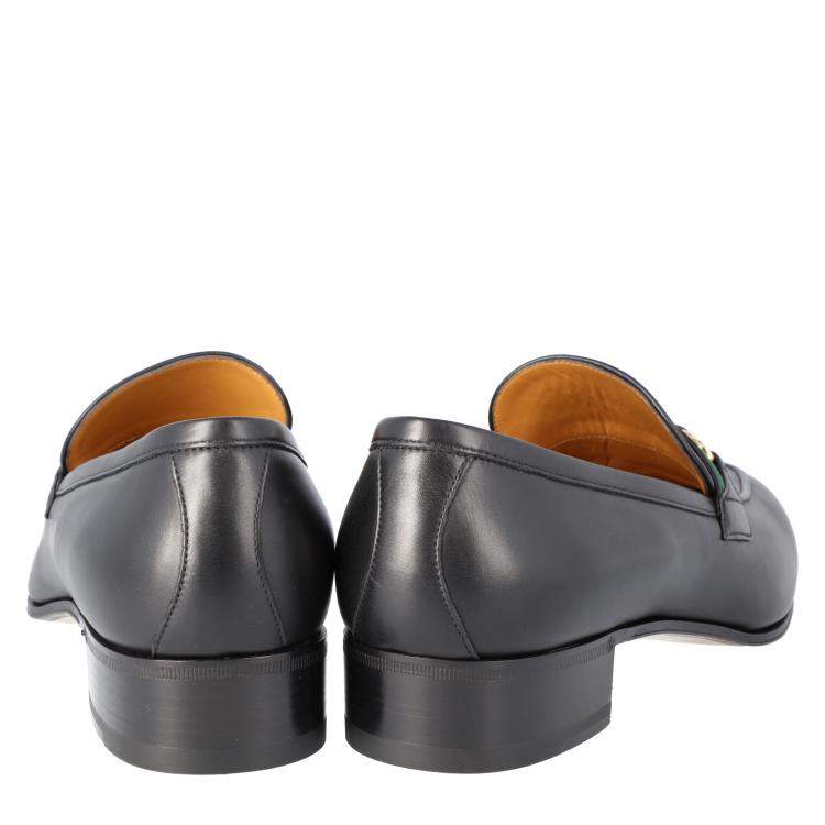 Pre Owned Gucci Black Leather Web Interlocking G Slip On Loafers Size UK 10 EU 44