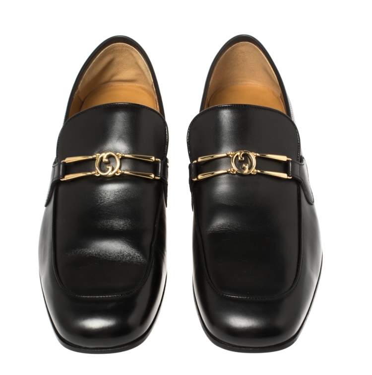 Pre Owned Gucci Black Leather Interlocking GG Loafers Size 43