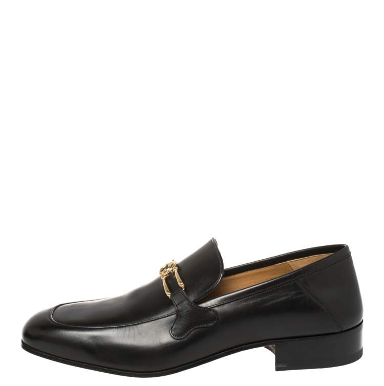 Pre Owned Gucci Black Leather Interlocking GG Loafers Size 43