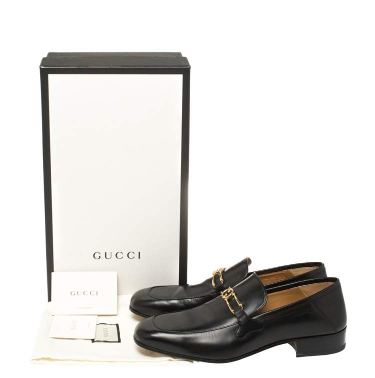 Pre Owned Gucci Black Leather Interlocking GG Loafers Size 43