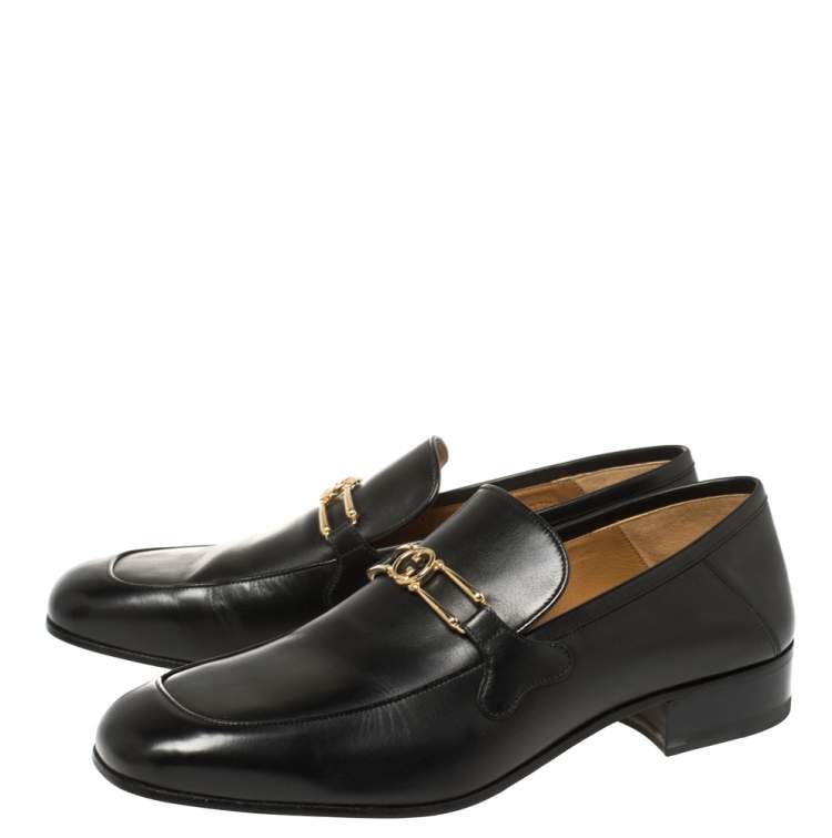 Pre Owned Gucci Black Leather Interlocking GG Loafers Size 43