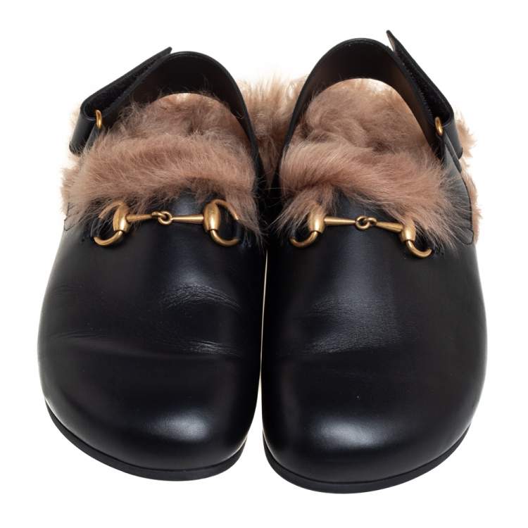 Pre Owned Gucci Black Leather And Fur River Sling Horsebit Sandals Size 40.5