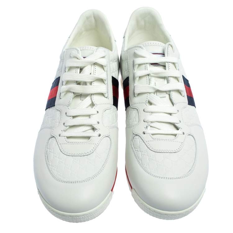 Pre Owned Gucci White Micro Guccissima Leather Web Low Top Sneakers Size 45