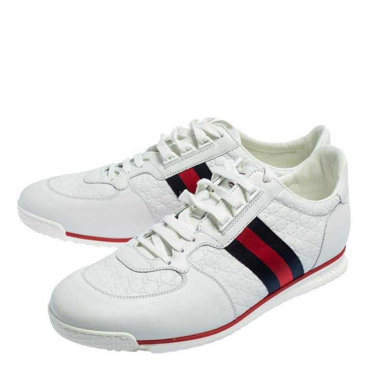 Pre Owned Gucci White Micro Guccissima Leather Web Low Top Sneakers Size 45