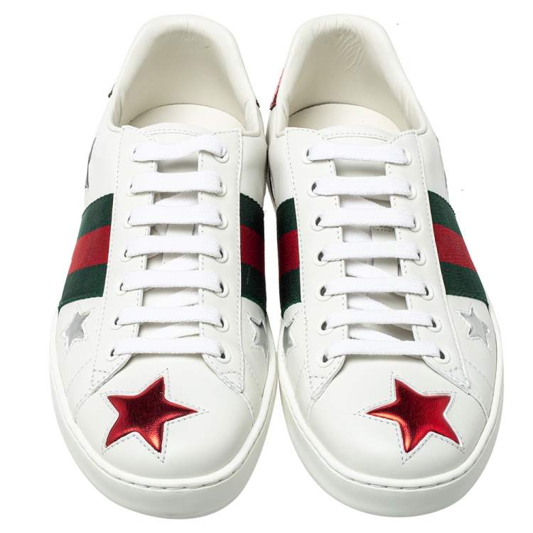 Pre Owned Gucci White Leather And Canvas Star Ace Sneakers Size 40