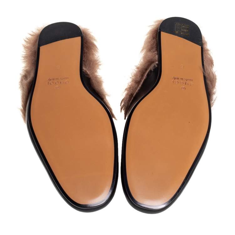 Pre Owned Gucci Black Leather And Fur Tiger Embroidered Princetown Mules Size 40