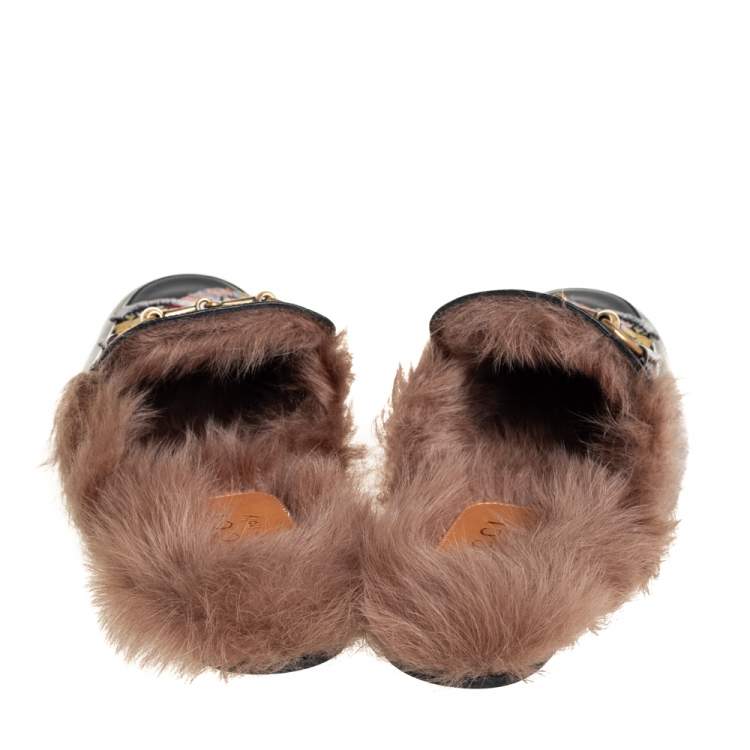 Pre Owned Gucci Black Leather And Fur Tiger Embroidered Princetown Mules Size 40
