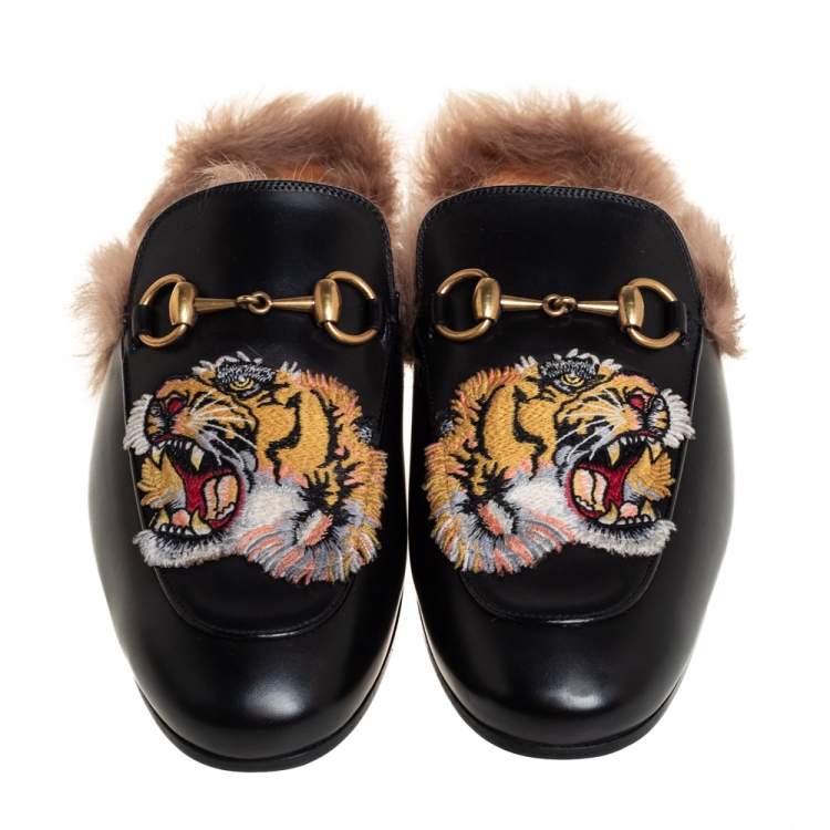 Pre Owned Gucci Black Leather And Fur Tiger Embroidered Princetown Mules Size 40