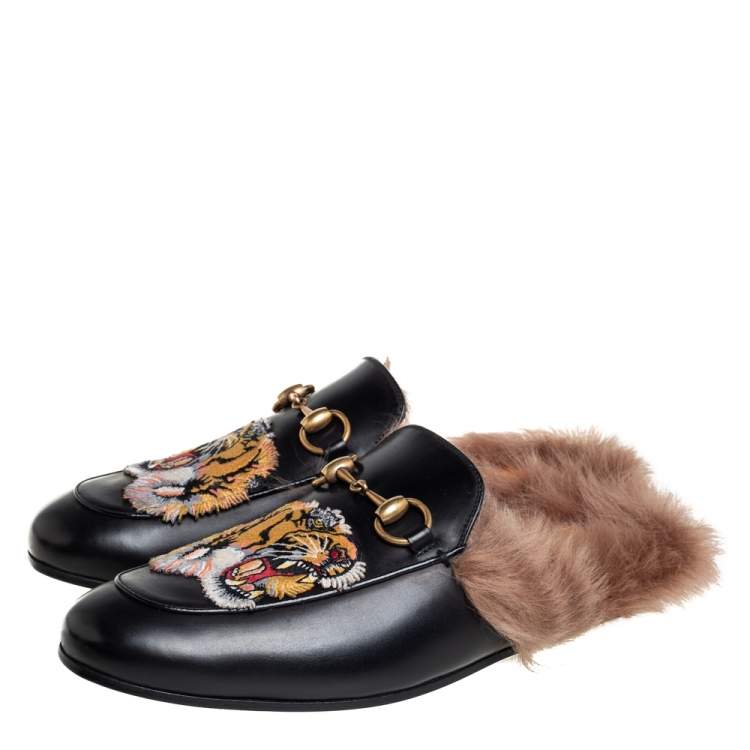 Pre Owned Gucci Black Leather And Fur Tiger Embroidered Princetown Mules Size 40