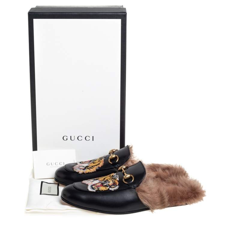 Pre Owned Gucci Black Leather And Fur Tiger Embroidered Princetown Mules Size 40