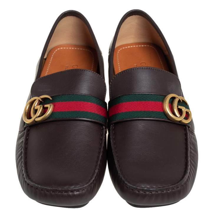 Pre Owned Gucci Brown Leather GG Web Loafers Size 42