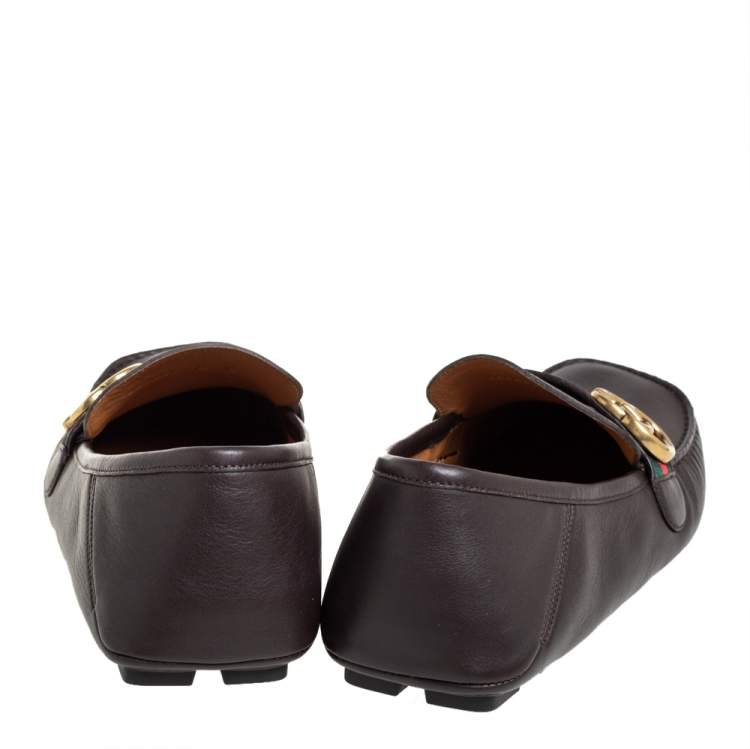 Pre Owned Gucci Brown Leather GG Web Loafers Size 42