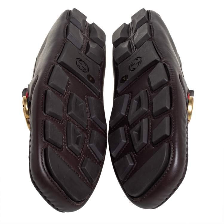 Pre Owned Gucci Brown Leather GG Web Loafers Size 42
