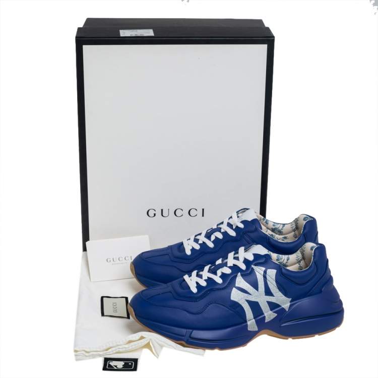 Pre Owned Gucci Blue Leather Rhyton NY Yankees Low Top Sneakers Size 41