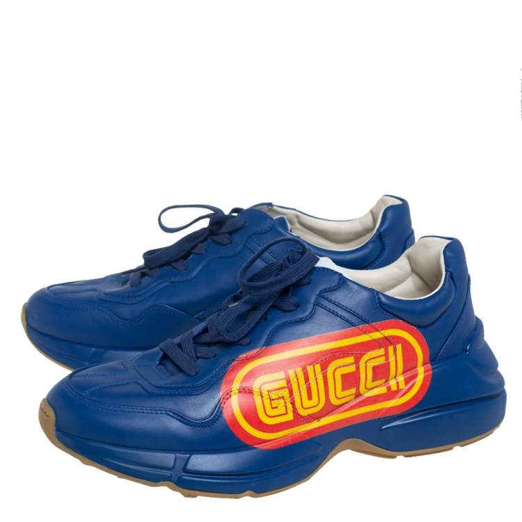 Pre Owned Gucci Blue Leather Logo Rhyton Low-Top Sneakers Size 42