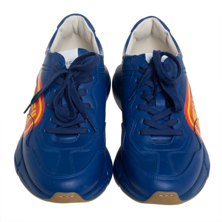 Pre Owned Gucci Blue Leather Logo Rhyton Low-Top Sneakers Size 42
