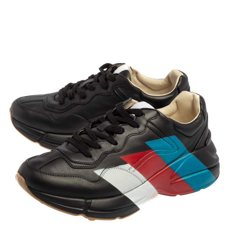 Pre Owned Gucci Black Leather Rhyton Web Print Sneaker Size 43