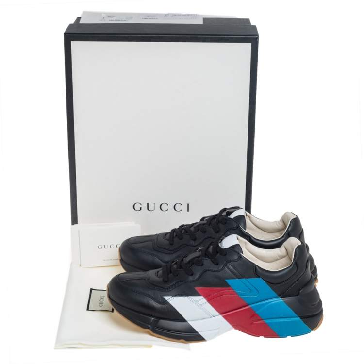 Pre Owned Gucci Black Leather Rhyton Web Print Sneakers Size 42