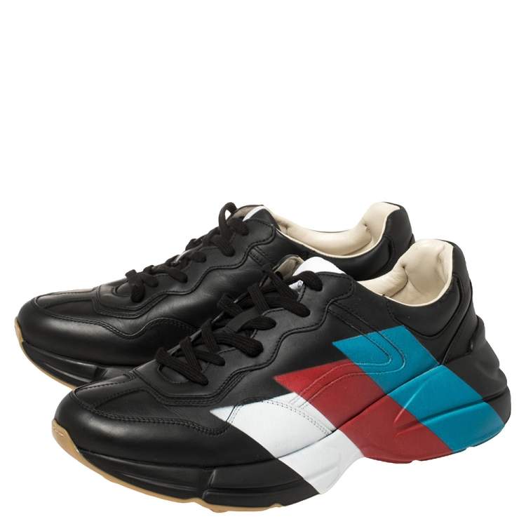 Pre Owned Gucci Black Leather Rhyton Web Print Sneakers Size 42