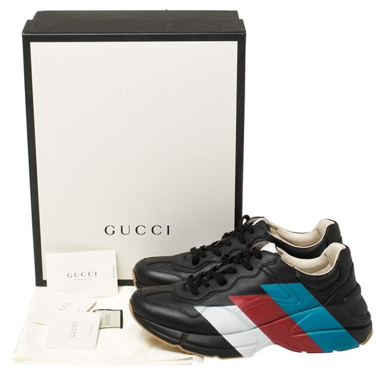 Pre Owned Gucci Black Leather Rhyton Web Print Sneakers Size 42