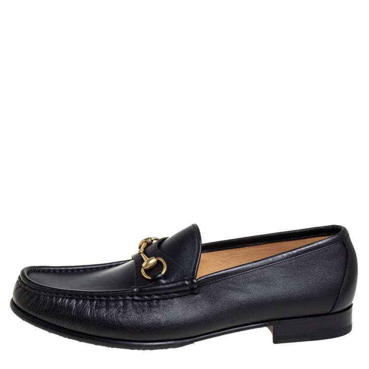 Pre Owned Gucci Black Leather Horsebit Slip On Loafers Size 46.5