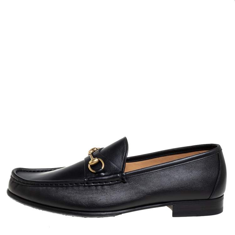 Pre Owned Gucci Black Leather Horsebit Slip On Loafers Size 46.5