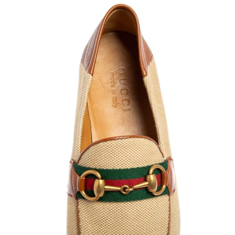 Pre Owned  Gucci Beige/Brown Canvas And Leather Web  Loafers Size 40.5