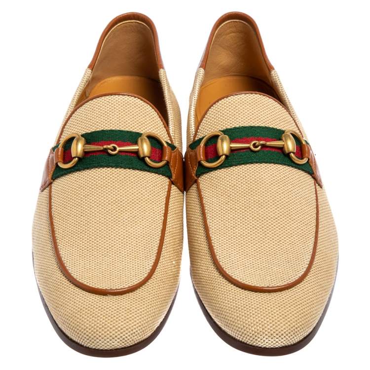 Pre Owned  Gucci Beige/Brown Canvas And Leather Web  Loafers Size 40.5