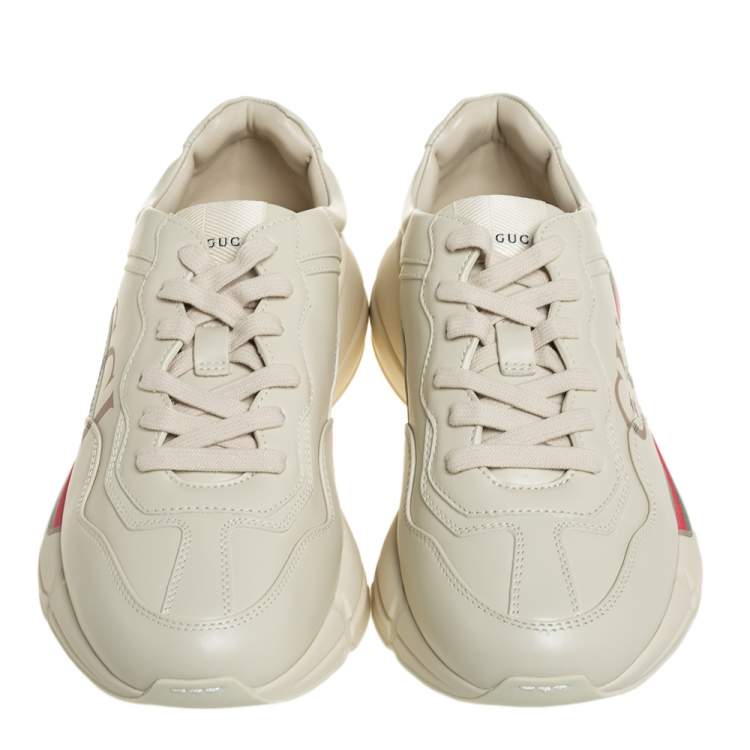 Pre Owned Gucci Beige Leather Rhyton Gucci Logo Low Top Sneakers Size 41